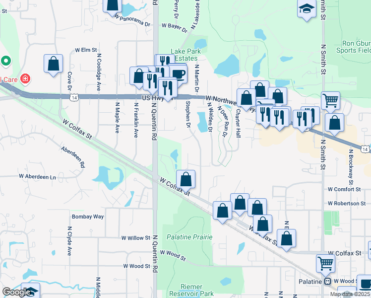 map of restaurants, bars, coffee shops, grocery stores, and more near 624 North Geri Court in Palatine