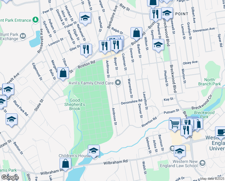 map of restaurants, bars, coffee shops, grocery stores, and more near 127 Ambrose Street in Springfield