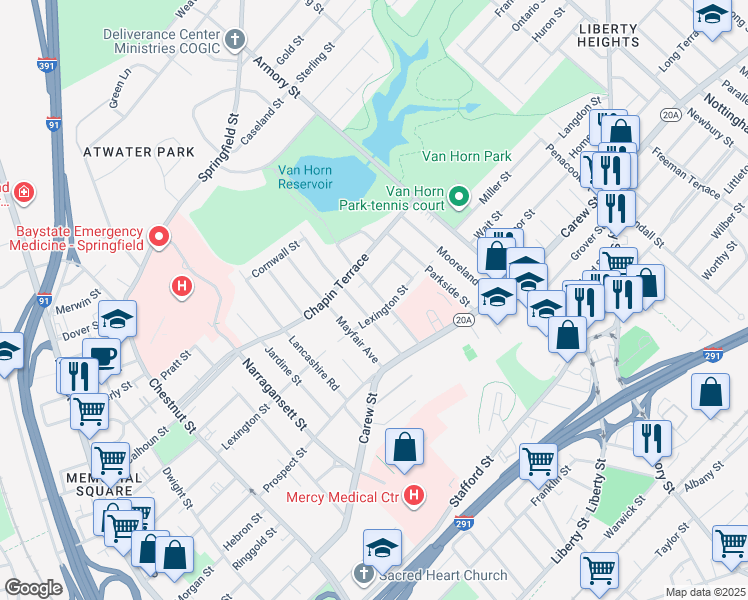 map of restaurants, bars, coffee shops, grocery stores, and more near 61-63 Melha Avenue in Springfield