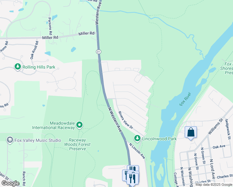 map of restaurants, bars, coffee shops, grocery stores, and more near 267 Rivers View Drive in Carpentersville