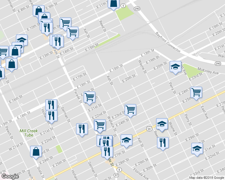 map of restaurants, bars, coffee shops, grocery stores, and more near 2002 Ash Street in Erie