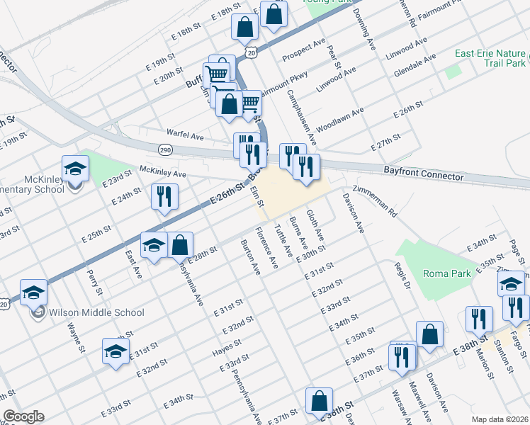 map of restaurants, bars, coffee shops, grocery stores, and more near 2754 Elm Street in Erie