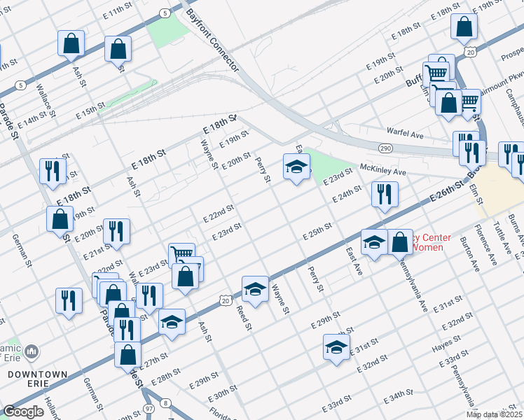 map of restaurants, bars, coffee shops, grocery stores, and more near 826 East 23rd Street in Erie