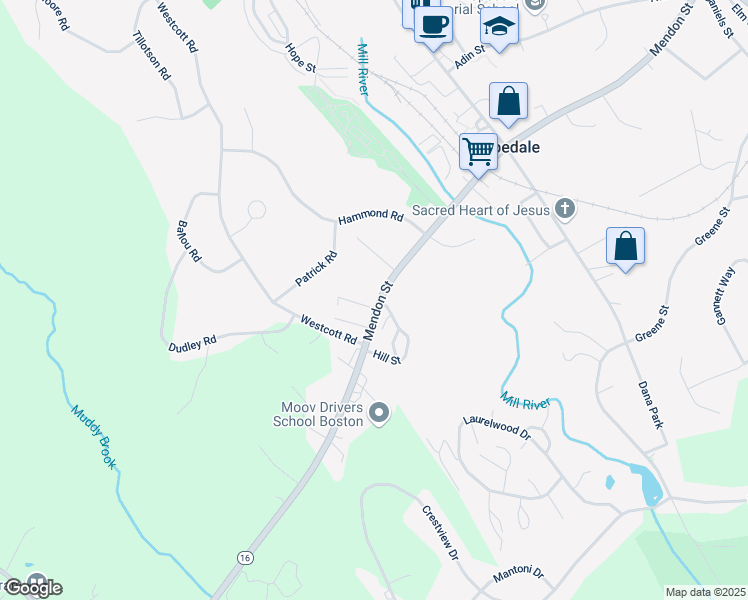 map of restaurants, bars, coffee shops, grocery stores, and more near 211 Mendon Street in Hopedale