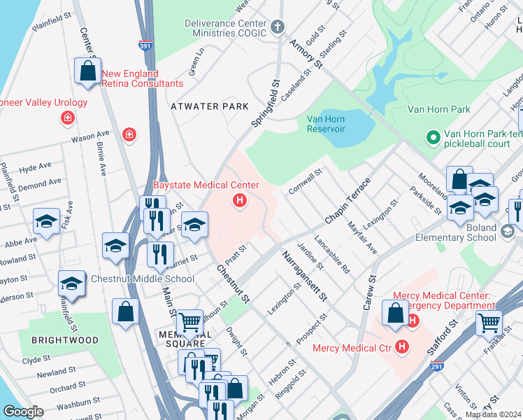 map of restaurants, bars, coffee shops, grocery stores, and more near 2 Medical Center Drive in Springfield