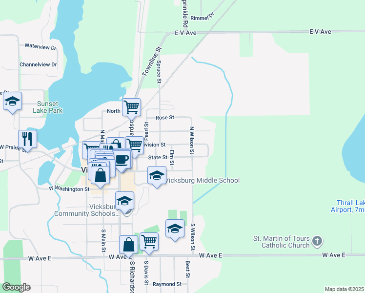 map of restaurants, bars, coffee shops, grocery stores, and more near 520 East Division Street in Vicksburg