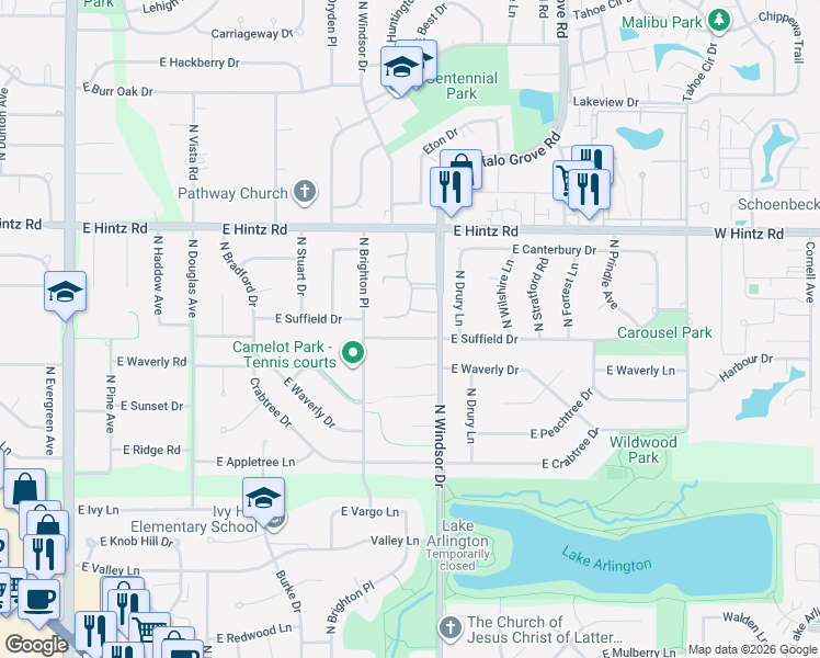 map of restaurants, bars, coffee shops, grocery stores, and more near 1214 East Suffield Drive in Arlington Heights