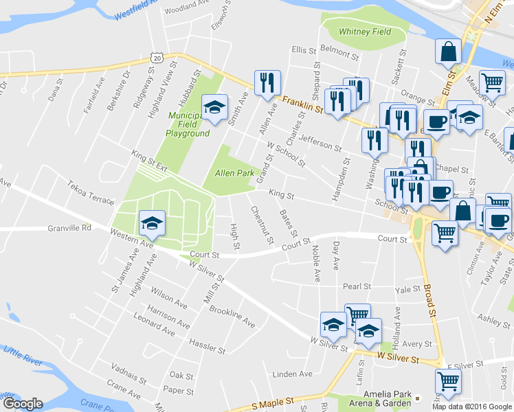 map of restaurants, bars, coffee shops, grocery stores, and more near 23 Chestnut Street in Westfield