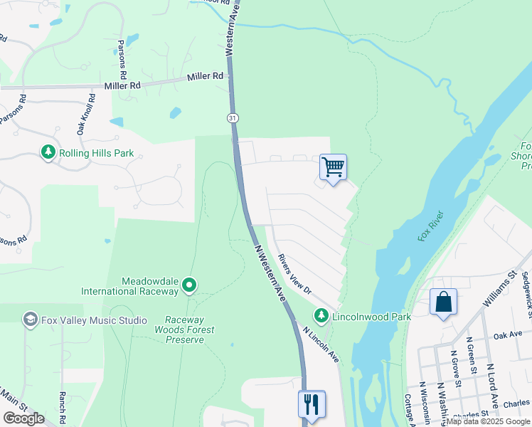 map of restaurants, bars, coffee shops, grocery stores, and more near 267 Rivers View Drive in Carpentersville