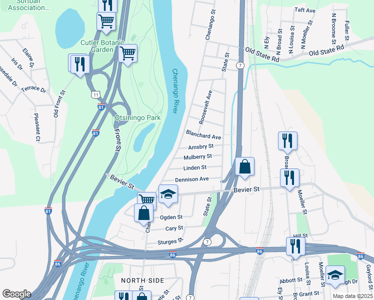 map of restaurants, bars, coffee shops, grocery stores, and more near 4 Amsbry Street in Binghamton
