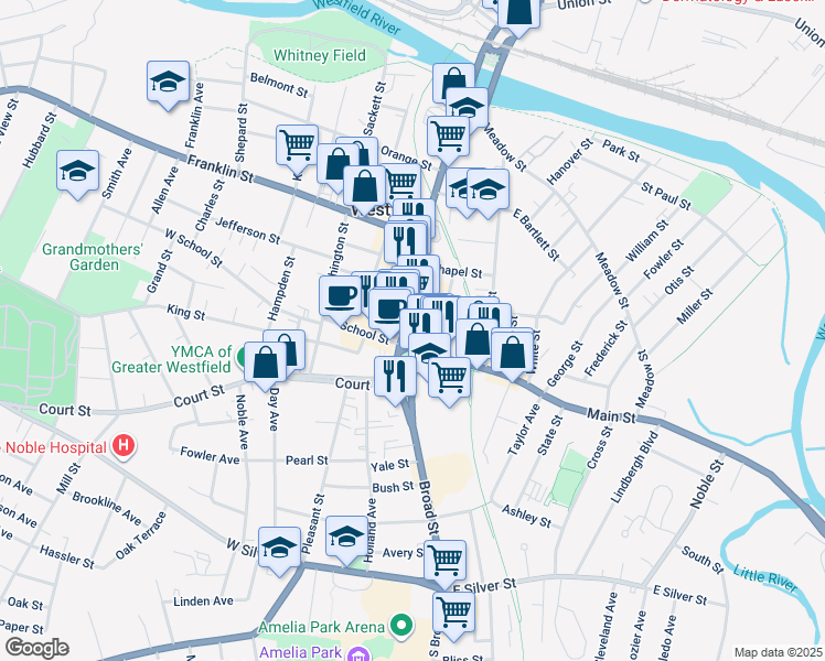 map of restaurants, bars, coffee shops, grocery stores, and more near 43 Elm Street in Westfield