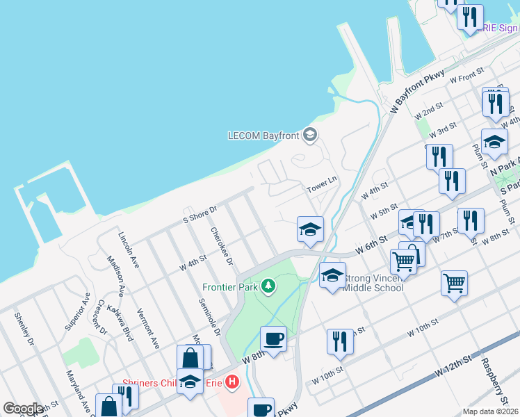map of restaurants, bars, coffee shops, grocery stores, and more near 301 Monoca Drive in Erie