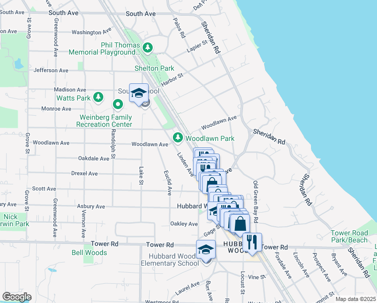 map of restaurants, bars, coffee shops, grocery stores, and more near 136 Green Bay Road in Glencoe