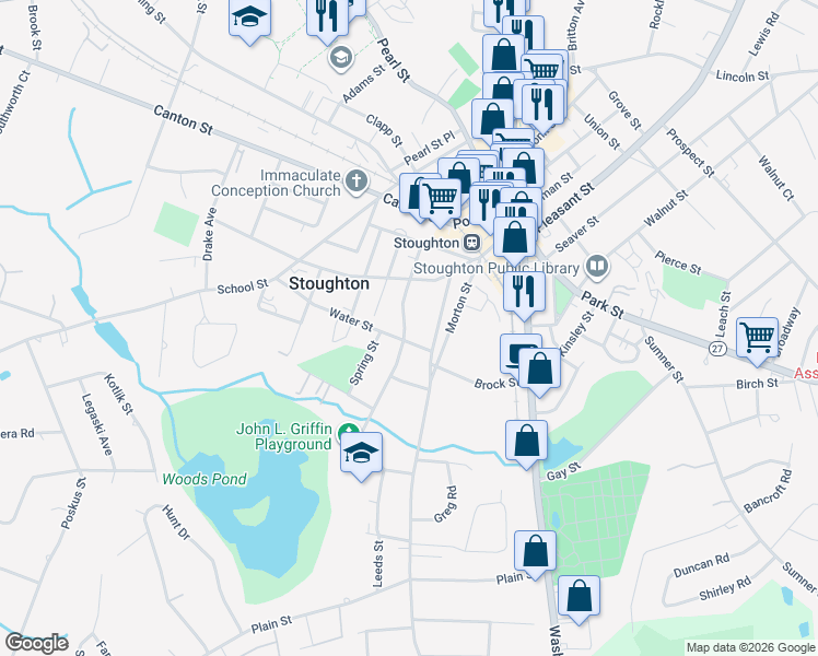 map of restaurants, bars, coffee shops, grocery stores, and more near 27 Water Street in Stoughton