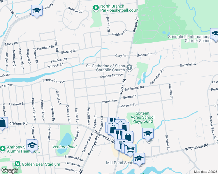 map of restaurants, bars, coffee shops, grocery stores, and more near 49 Brewster Street in Springfield