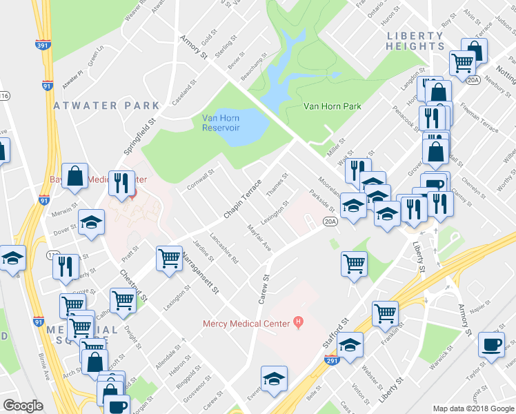 map of restaurants, bars, coffee shops, grocery stores, and more near 83 Knollwood Street in Springfield