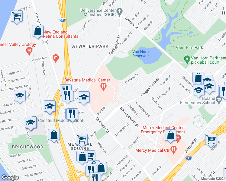 map of restaurants, bars, coffee shops, grocery stores, and more near 2 Medical Center Drive in Springfield