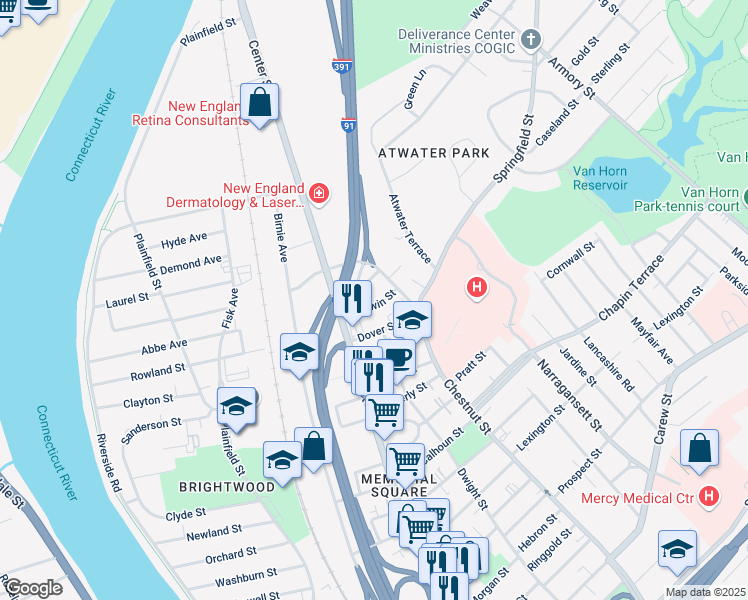 map of restaurants, bars, coffee shops, grocery stores, and more near 32-34 Merwin Street in Springfield