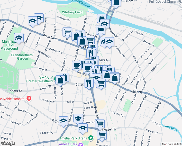 map of restaurants, bars, coffee shops, grocery stores, and more near 43 Elm Street in Westfield