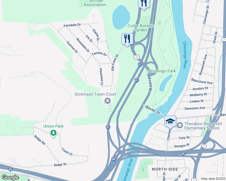 map of restaurants, bars, coffee shops, grocery stores, and more near 549 Front Street in Binghamton