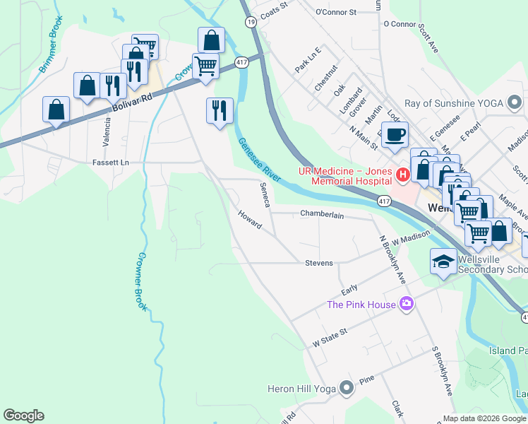map of restaurants, bars, coffee shops, grocery stores, and more near 49 Seneca in Wellsville