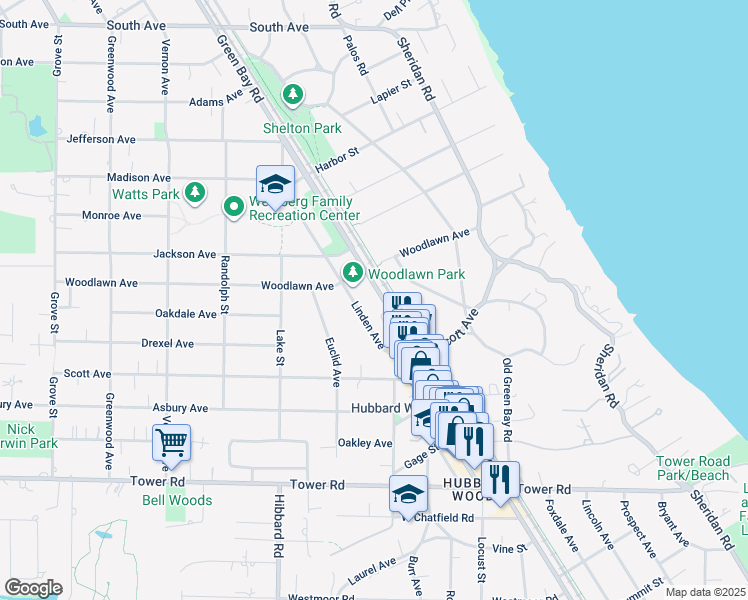 map of restaurants, bars, coffee shops, grocery stores, and more near 136 Green Bay Road in Glencoe