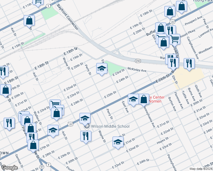 map of restaurants, bars, coffee shops, grocery stores, and more near 938 East 24th Street in Erie