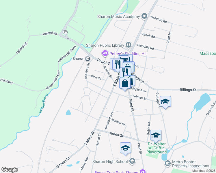map of restaurants, bars, coffee shops, grocery stores, and more near 75 South Main Street in Sharon