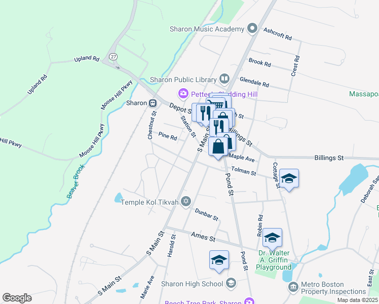 map of restaurants, bars, coffee shops, grocery stores, and more near 75 South Main Street in Sharon