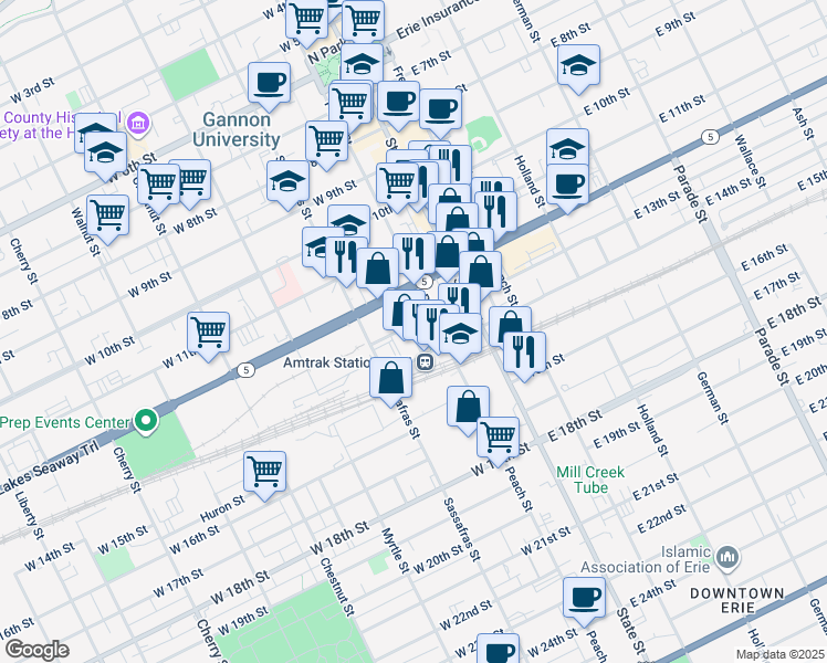 map of restaurants, bars, coffee shops, grocery stores, and more near in Erie