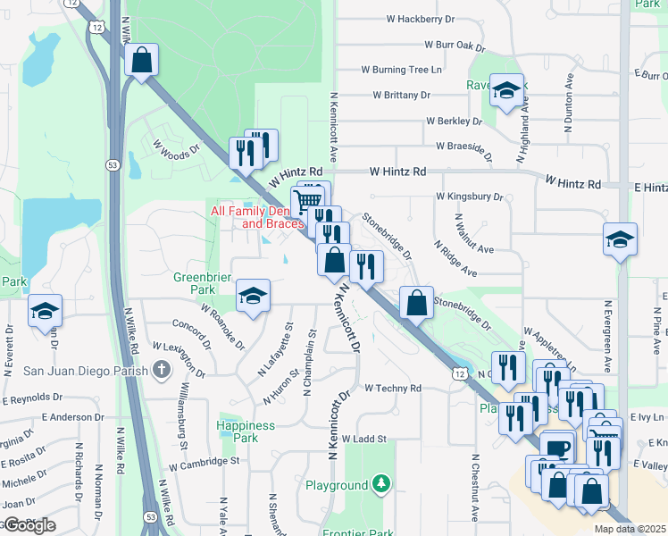 map of restaurants, bars, coffee shops, grocery stores, and more near 933 West Rand Road in Arlington Heights