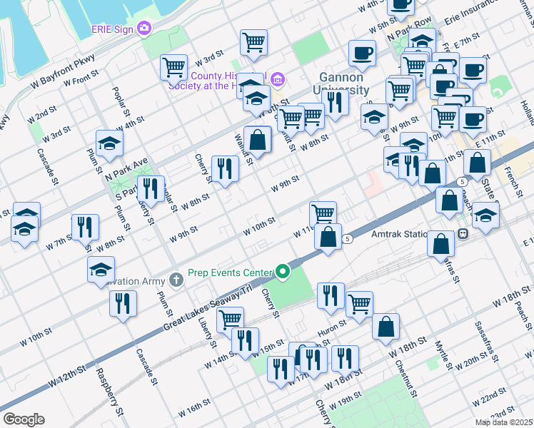 map of restaurants, bars, coffee shops, grocery stores, and more near 510 West 10th Street in Erie