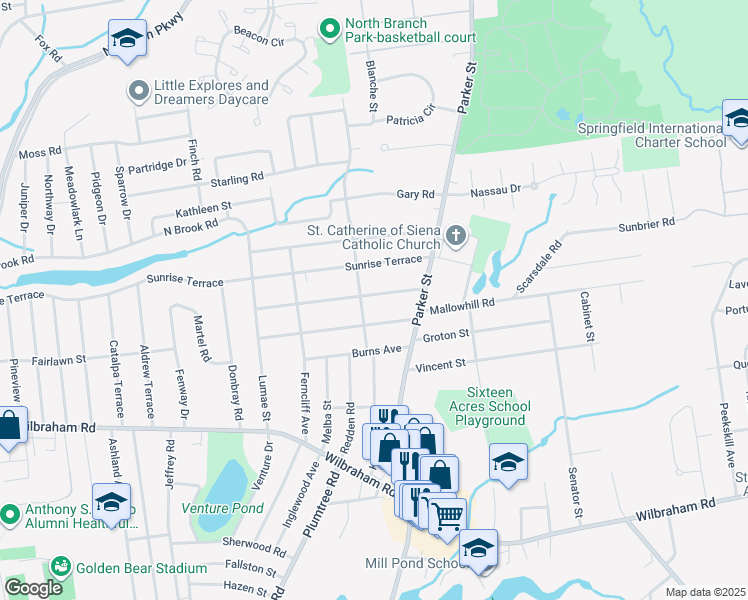 map of restaurants, bars, coffee shops, grocery stores, and more near 49 Brewster Street in Springfield