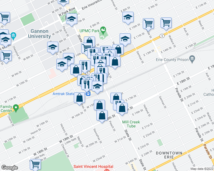 map of restaurants, bars, coffee shops, grocery stores, and more near 1410 French Street in Erie
