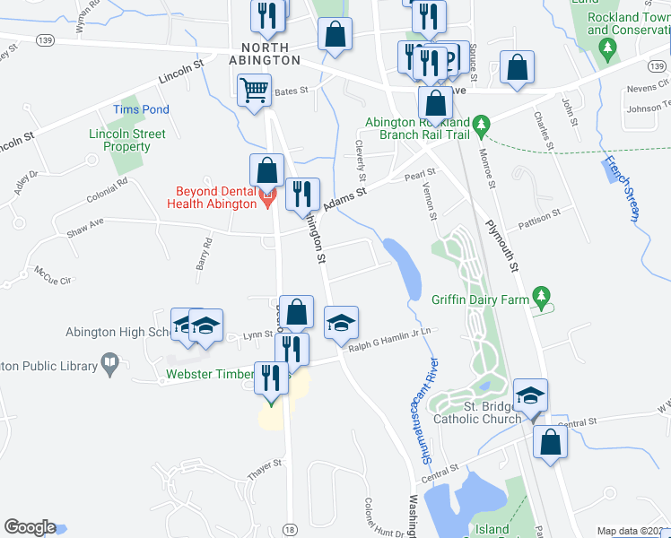 map of restaurants, bars, coffee shops, grocery stores, and more near 1123 Washington Street in Abington