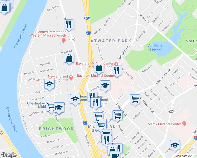 map of restaurants, bars, coffee shops, grocery stores, and more near 66 Merwin Street in Springfield