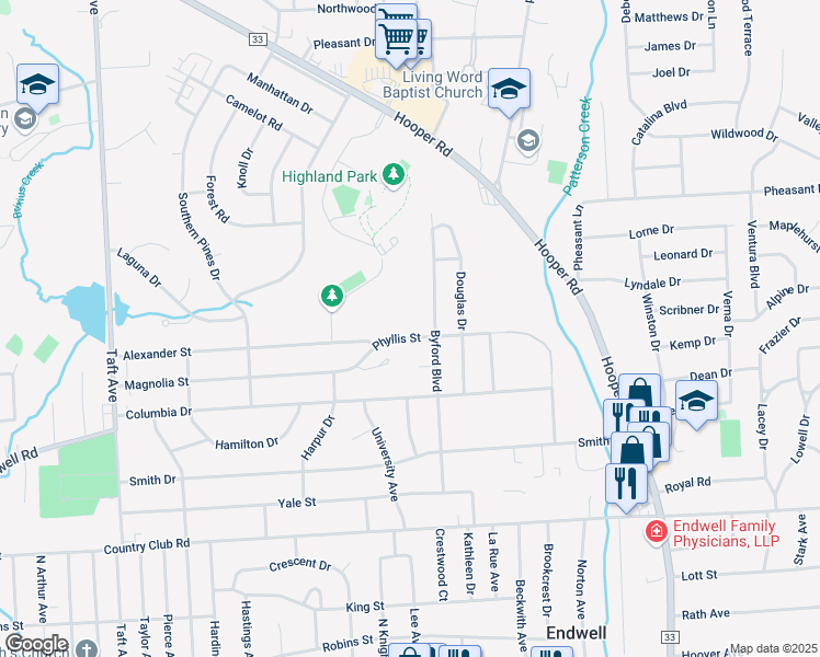 map of restaurants, bars, coffee shops, grocery stores, and more near 3009 Phyllis Street in Endicott