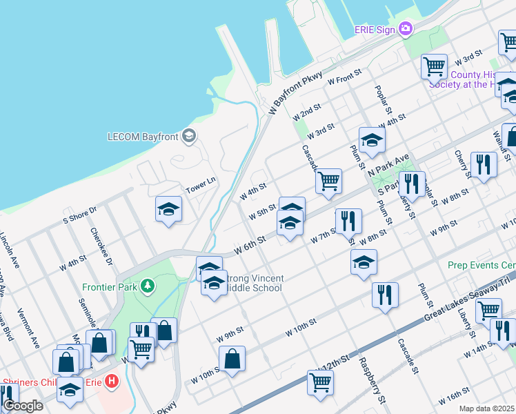 map of restaurants, bars, coffee shops, grocery stores, and more near 1140 W 5th St in Erie