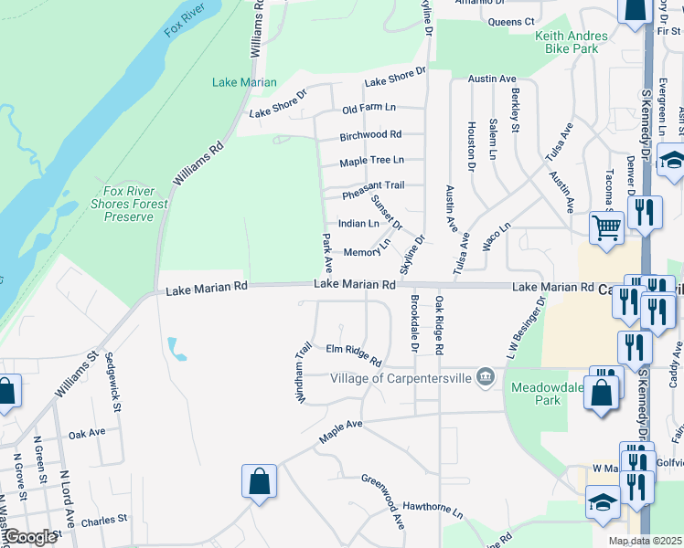 map of restaurants, bars, coffee shops, grocery stores, and more near 116 Lake Marian Road in Carpentersville