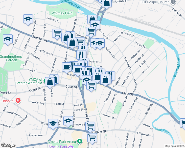 map of restaurants, bars, coffee shops, grocery stores, and more near 2 Free Street in Westfield