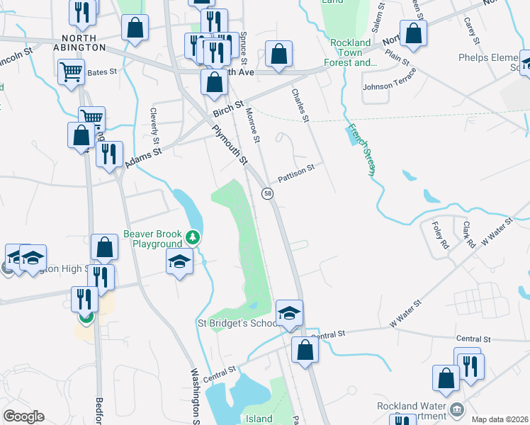 map of restaurants, bars, coffee shops, grocery stores, and more near 271 Plymouth Street in Abington