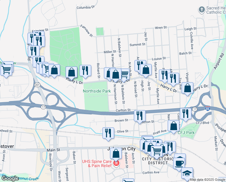 map of restaurants, bars, coffee shops, grocery stores, and more near 57 North Harrison Street in Johnson City
