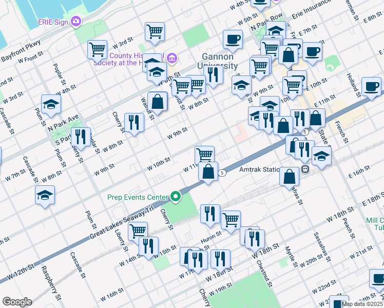 map of restaurants, bars, coffee shops, grocery stores, and more near 441 West 10th Street in Erie