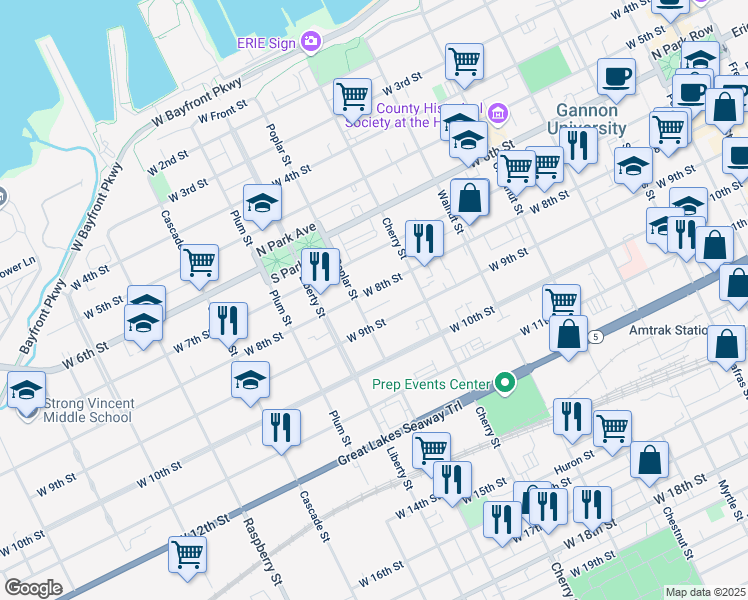 map of restaurants, bars, coffee shops, grocery stores, and more near in Erie