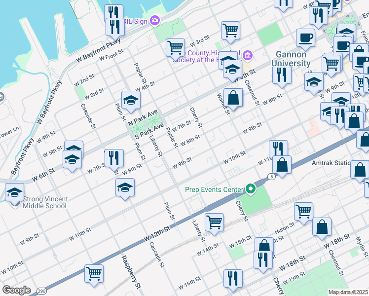 map of restaurants, bars, coffee shops, grocery stores, and more near in Erie