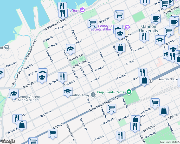 map of restaurants, bars, coffee shops, grocery stores, and more near in Erie