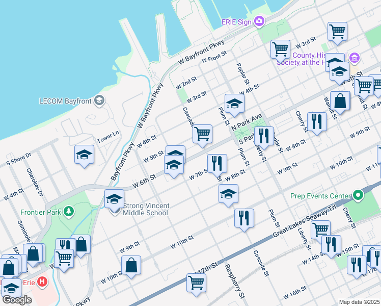 map of restaurants, bars, coffee shops, grocery stores, and more near 1036 West 6th Street in Erie