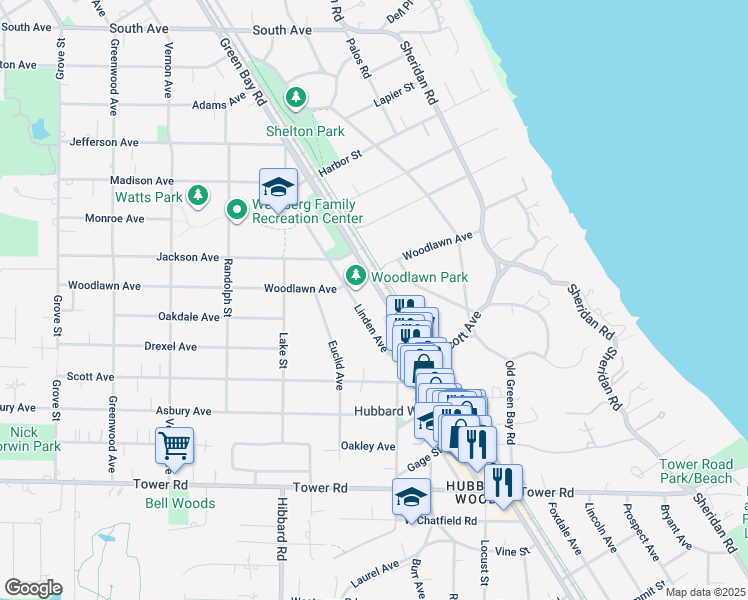 map of restaurants, bars, coffee shops, grocery stores, and more near 136 Green Bay Road in Glencoe