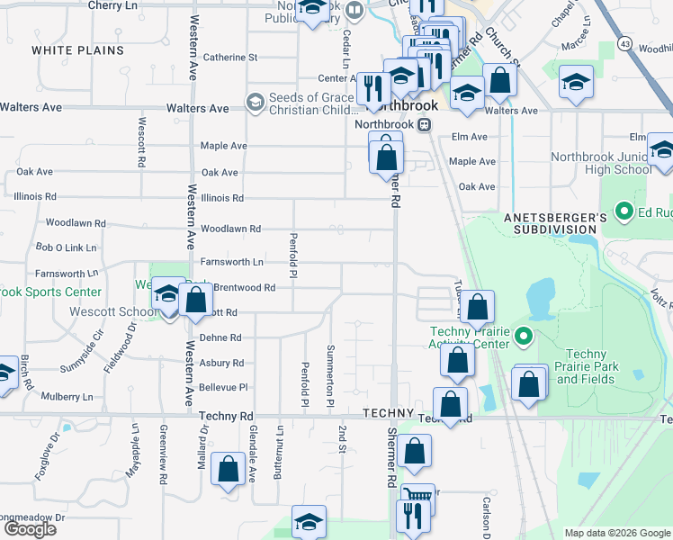 map of restaurants, bars, coffee shops, grocery stores, and more near 2112 Brentwood Road in Northbrook
