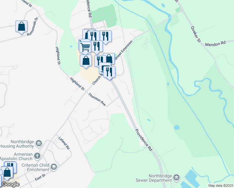 map of restaurants, bars, coffee shops, grocery stores, and more near 1035 Providence Road in Northbridge